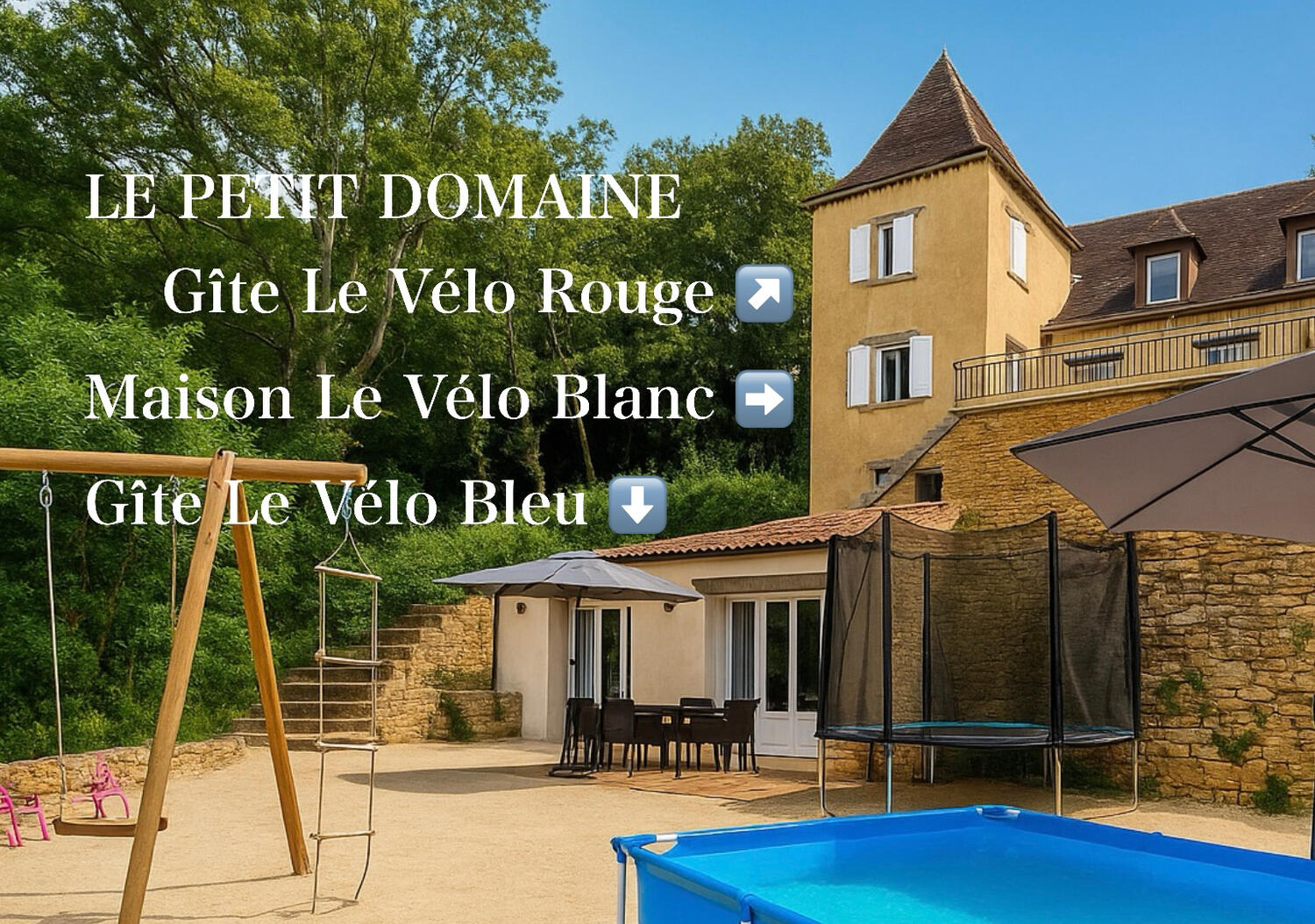 Luxury gîte Le Vélo Rouge & Gîte Le Vélo Bleu at Le Petit Domaine in South West France with stone house, private terrace, vegetable garden, kids swimming pool, free parking & air conditioning.