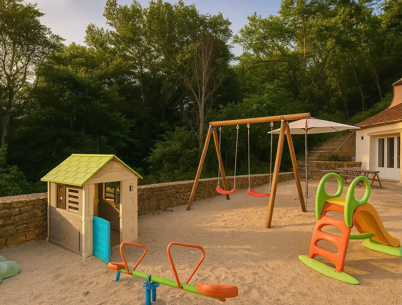 Luxury gîte Le Vélo Rouge & Gîte Le Vélo Bleu at Le Petit Domaine in South West France with stone house, private terrace, vegetable garden, kids swimming pool, free parking & air conditioning.